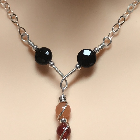 Solar Eclipse- Onyx, Red Agate,Orange Aventurine Sterling Silver Necklace - Picture 7 of 10
